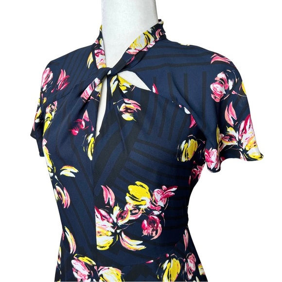 Banana Republic New Dress Twist Neck Short Sleeve Sheath Floral Navy Blue 0 XS - Picture 4 of 16